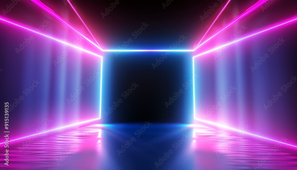3d render. Bright projector shining on dark empty, glowing pink blue rays, neon light background 3d render. Bright projector shining on dark empty, glowing pink blue rays, neon light background