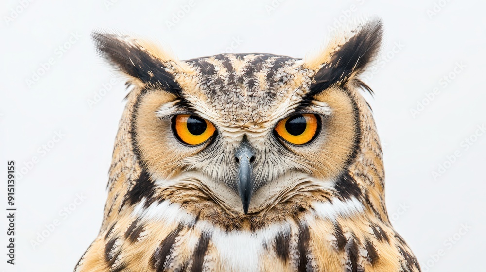 Majestic Owl Portrait with Piercing Eyes Against a White Background Majestic Owl Portrait with Piercing Eyes Against a White Background