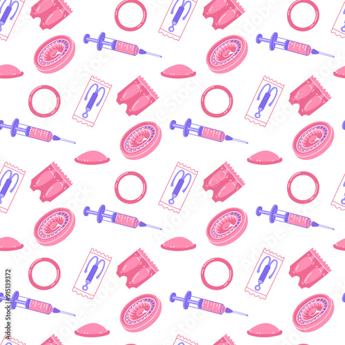 Pattern of birth control. Texture of colored flat contraceptive icons in blue and pink colors. contraceptives. Injection, iud, suppositories, ring, female condom, pills. Individual elements