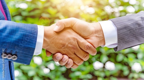 Two men shaking hands in a business agreement, outdoors, with a