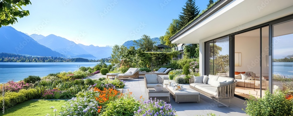 Fototapeta premium Lake house with garden patio, lush flower gardens and comfortable seating, idyllic setting for relaxation by the lake