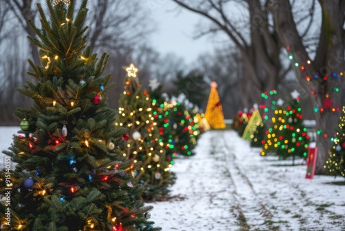 Outdoor Christmas Trees with Festive Lights Lining a Snowy Path Creating a Magical Winter Wonderland for Holiday Celebrations






