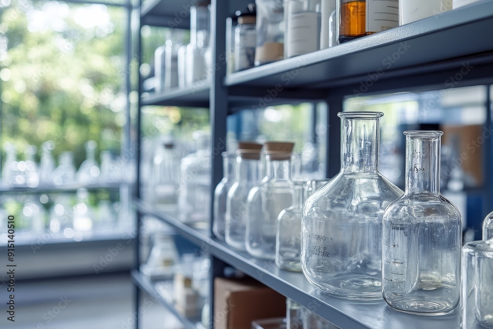 The chemistry lab shelf is arranged with empty conical flasks The chemistry lab shelf is arranged with empty conical flasks