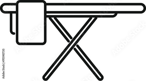 Simple illustration of an ironing board with a folded cloth hanging on the side