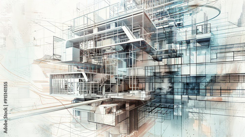 Obraz premium The Fascinating World of Abstract Architectural Drawings: A Blend of Creativity and Innovation. Showcasing Unconventional Designs and Inspiring Spatial Concepts.