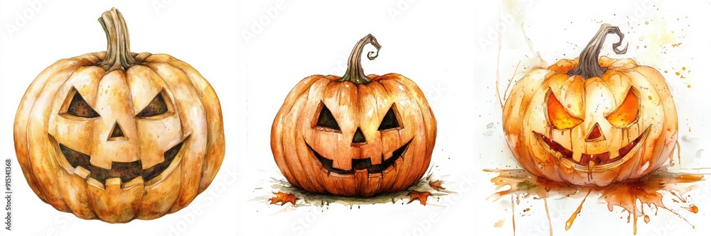 Watercolor Halloween Pumpkin with Carved Face Watercolor Halloween Pumpkin with Carved Face