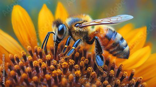 A close-up of a bee pollinating a vibrant sunflower, showcasing intricate details of nature's beauty and vital ecosystem. photo