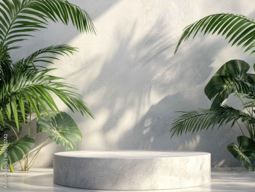 A modern architecture scene featuring a white concrete platform with palm trees in the background, suitable for use in urban landscape or architectural design projects A modern architecture scene featuring a white concrete platform with palm trees in the background, suitable for use in urban landscape or architectural design projects