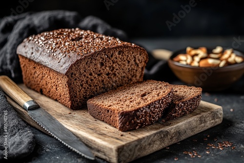 An image of low-carb broth on a wood brett with a messer and a dark background without mehl, hefe, and sauerteig