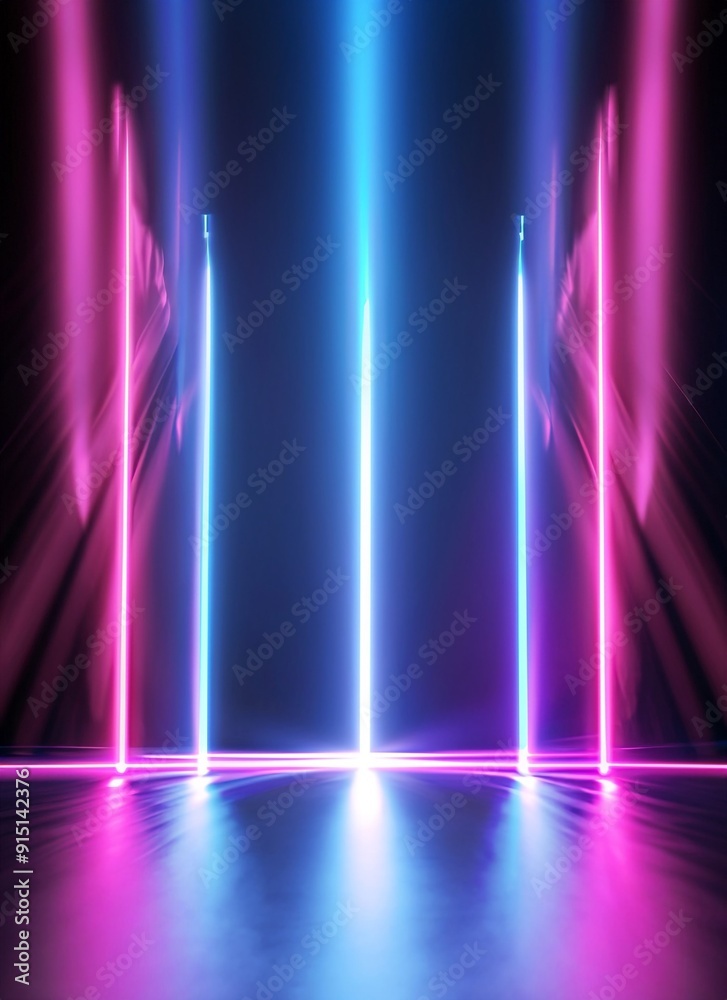 3d render. Bright projector shining on dark empty, glowing pink blue rays, neon light background 3d render. Bright projector shining on dark empty, glowing pink blue rays, neon light background