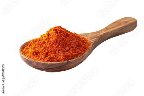 Sachet of paprika powder in wooden spoon isolated on white background 