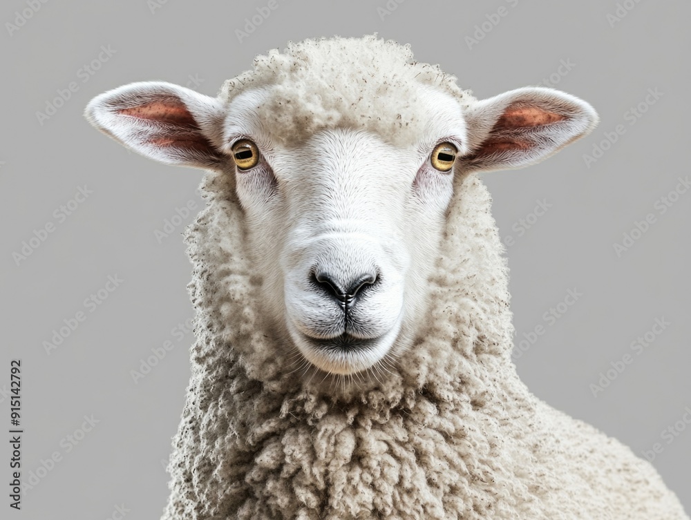 A close-up shot of a sheep's face, set against a gray background A close-up shot of a sheep's face, set against a gray background