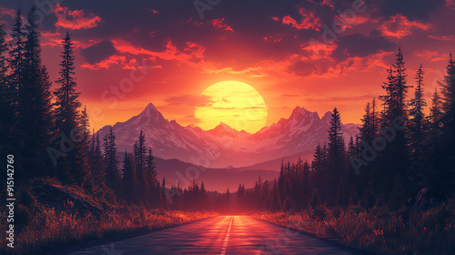 A stunning sunset over majestic mountains, framed by tall trees, creating a serene and vibrant landscape for nature lovers. photo