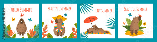 Summer concept. Square greeting cards with funny capybaras, plant, butterflies and typography. Textured effect. Drawing layout in contemporary style. For poster, cover, background, label.