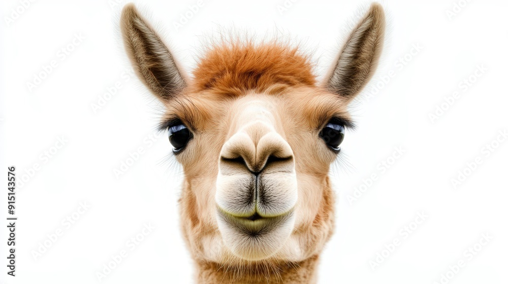 Fototapeta premium Adorable Llama with Friendly Expression in Close-up Shot on White Background