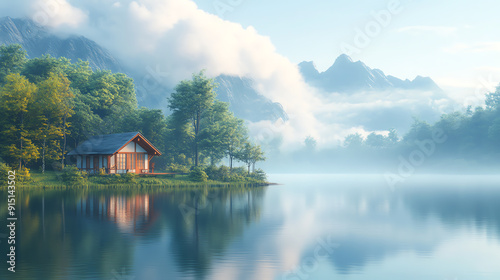 Scenic lake view with a cozy cabin, surrounded by misty mountains and lush greenery during a tranquil morning.