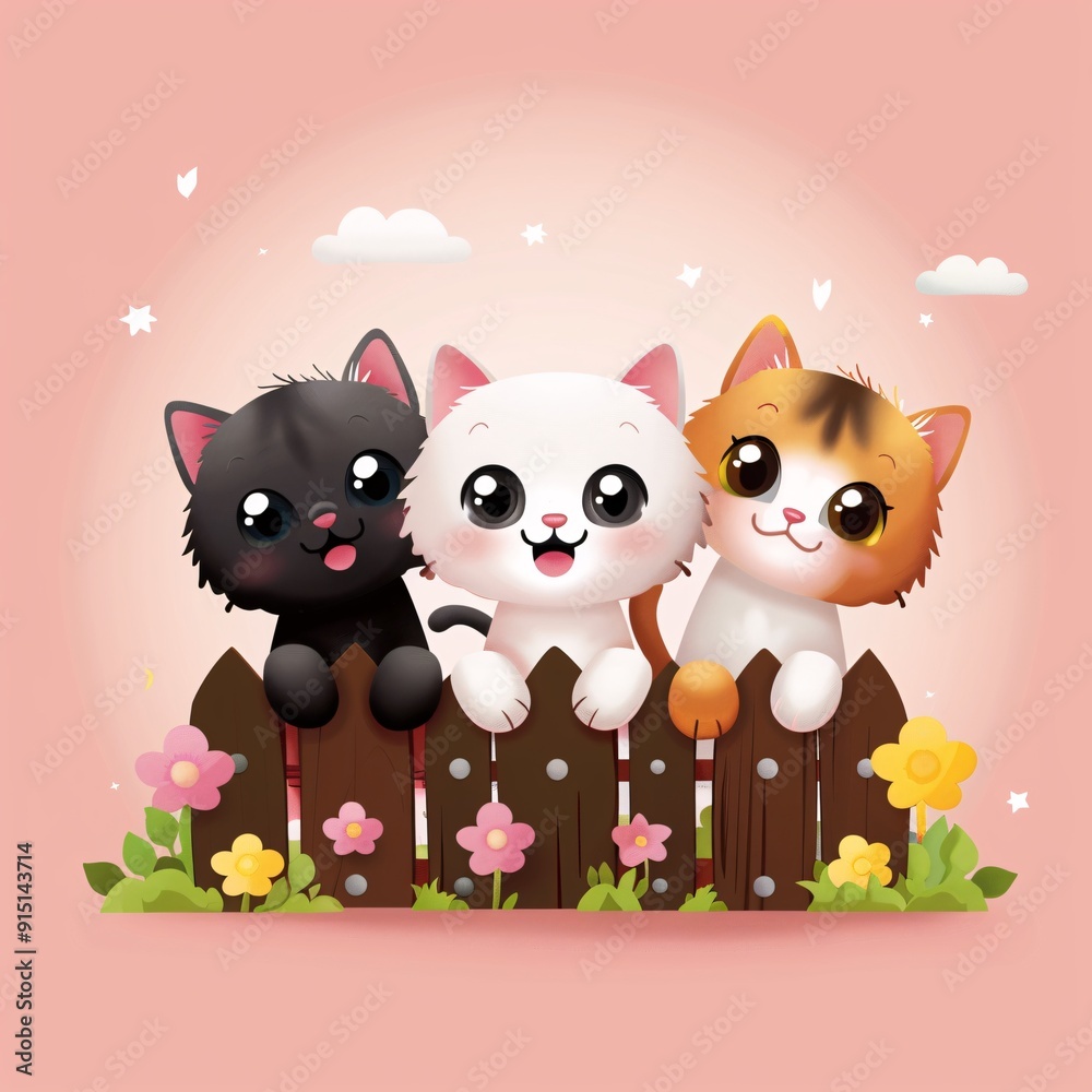 Fototapeta premium Playful Kittens Among Vibrant Blooms - Illustration of Cute Cats Frolicking in Garden, Colorful Flowers, Flat Design Artwork