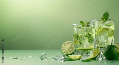 Two glasses of mojito with lime, mint, and ice on green background