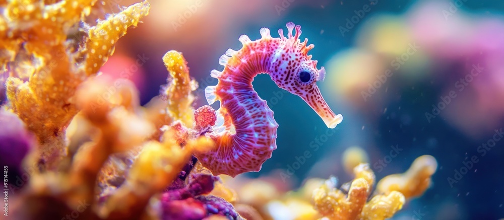 Naklejka premium Sea Horse in a Vibrant Coral Reef