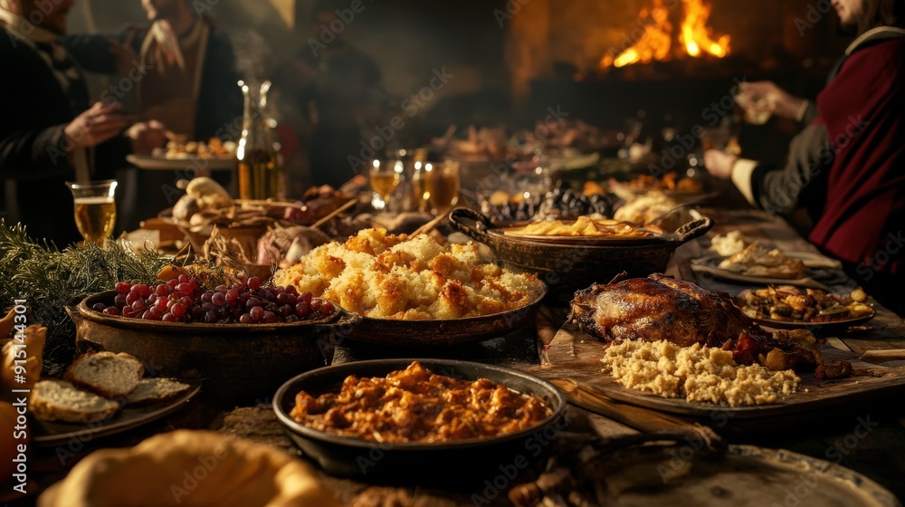 Guests enjoy a festive banquet filled with seasonal dishes in Belgium, honoring Saint Hubert's Day amid a warm, inviting atmosphere