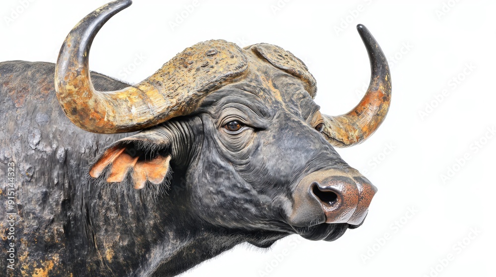 Majestic Buffalo with Large Horns in Profile on White Background Majestic Buffalo with Large Horns in Profile on White Background
