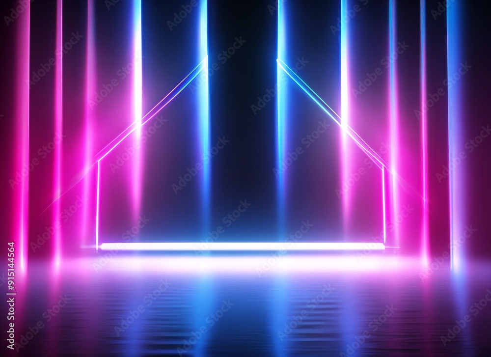 3d render. Bright projector shining on dark empty, glowing pink blue rays, neon light background 3d render. Bright projector shining on dark empty, glowing pink blue rays, neon light background