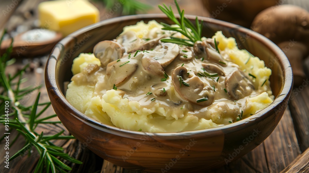 The gravy is carefully poured over the mashed The gravy is carefully poured over the mashed