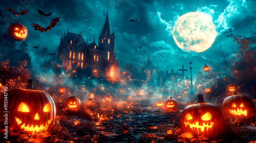 Eerie Full Moon Night with Glowing Jack-O'-Lanterns and Haunted Mansion