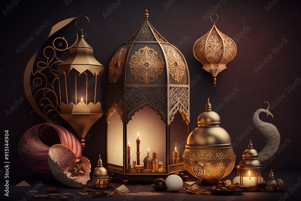 Ornate gold lanterns and candles create a festive atmosphere. Ornate gold lanterns and candles create a festive atmosphere.