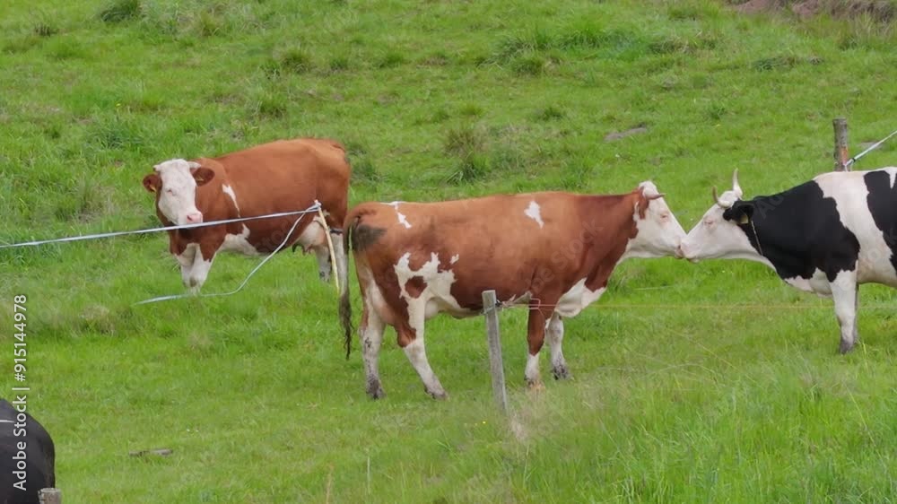 Cows grazing on a large green pasture. Drone-captured aerial views. Sustainable beef farming. Mixed cows, bulls, and calves wander the fenced meadow, resting under a tree. Cows grazing on a large green pasture. Drone-captured aerial views. Sustainable beef farming. Mixed cows, bulls, and calves wander the fenced meadow, resting under a tree.