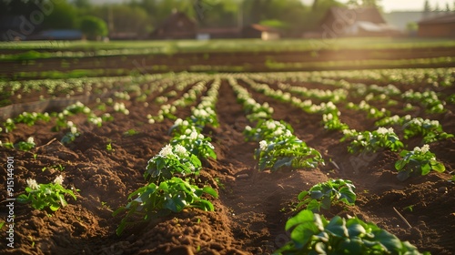 A potato field with green bushes strewn photo