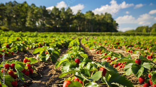 A strawberry field with rows of bushes strewn photo