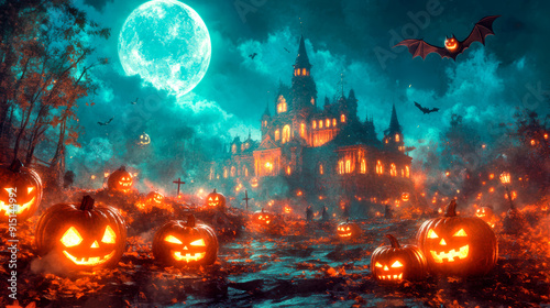Spooky Halloween Night with Haunted Mansion and Glowing Jack-O'-Lanterns