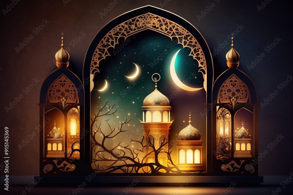 Fototapeta premium Ornate golden arches frame a night sky with a crescent moon and stars, with golden domes and minarets illuminated against the darkness.