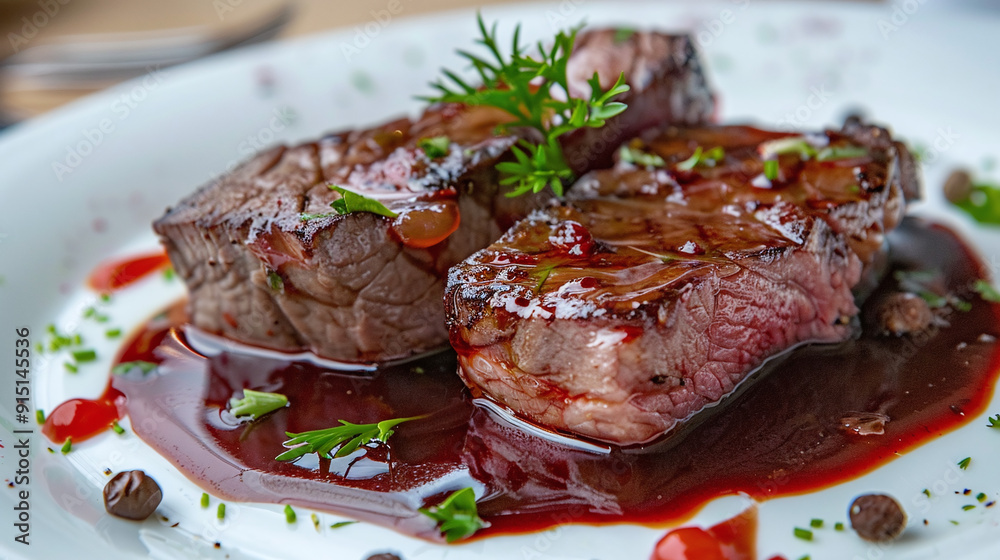 Delicious juicy steak with dark red sauce on a plate on a table in a restaurant Delicious juicy steak with dark red sauce on a plate on a table in a restaurant