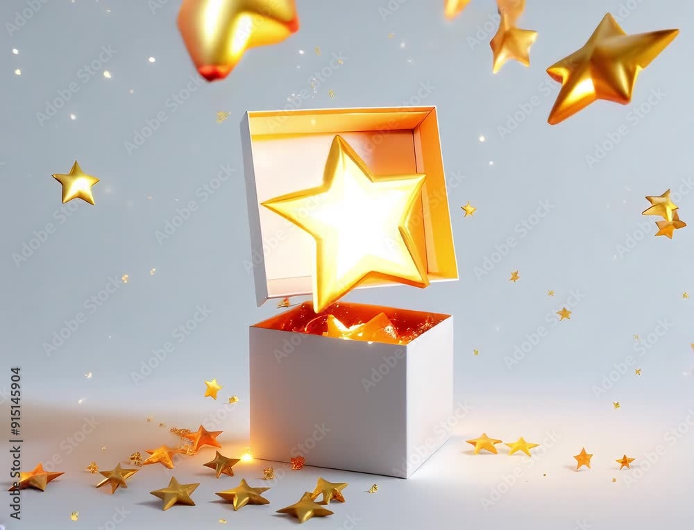 A white box opens, releasing a burst of shimmering golden stars into the air, creating a magical and enchanting atmosphere