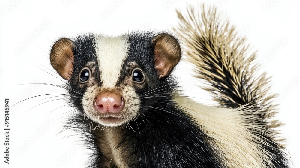 Playful Skunk Portrait with Raised Tail on White Background - Adorable Wildlife Photography Playful Skunk Portrait with Raised Tail on White Background - Adorable Wildlife Photography