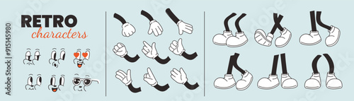Retro groovy character constructor. Cartoon comic faces, hands and legs positions collection. Vector illustration.