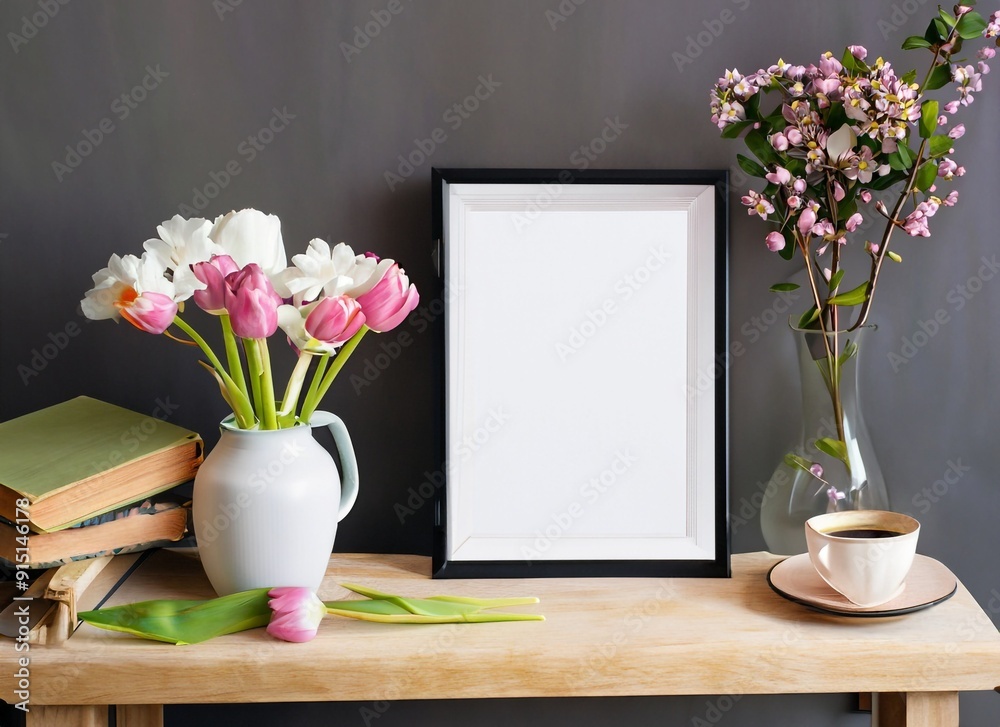 Blank black picture big frame mockup. Artistic table, Coffee cup. white daffodils. Rose flowers Blank black picture big frame mockup. Artistic table, Coffee cup. white daffodils. Rose flowers