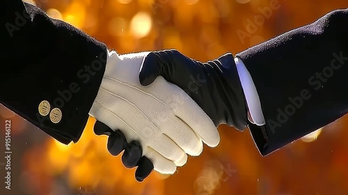 Two people shaking hands while wearing gloves, with a blurred or