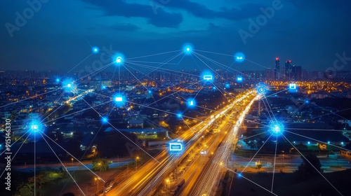 This description provides a comprehensive overview of the concept of a smart city with 5G communication networks and IoT, emphasizing the interconnectedness and advanced technological infrastructure.