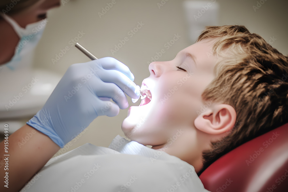 Fototapeta premium Dentist with mouth mirror checking for kid patient teeth at dental clinic