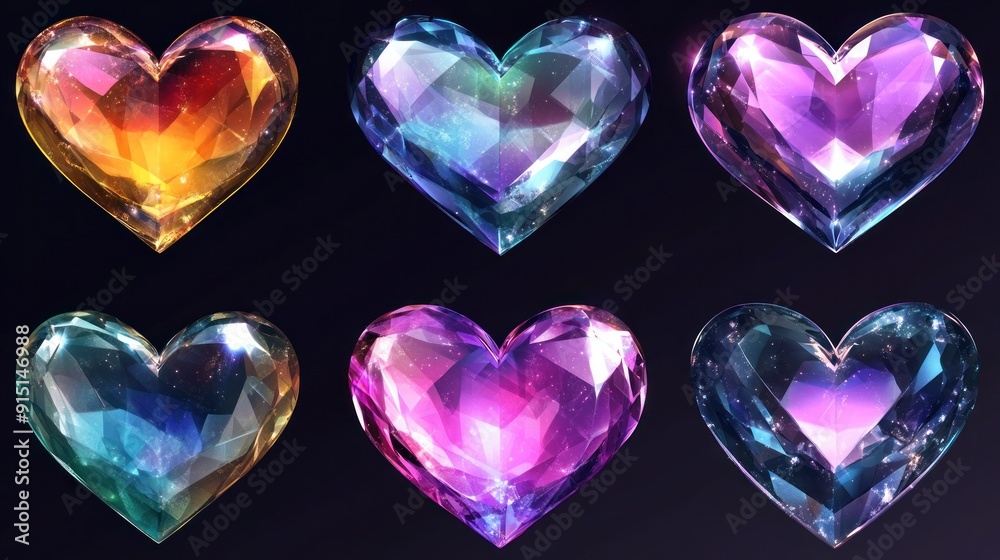 Six Vibrant Hearts with Galactic Sparkle