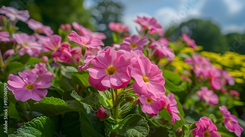 Pink primrose blooms in the garden its small