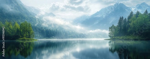 Serene mountain landscape with a lake, early morning light and reflections