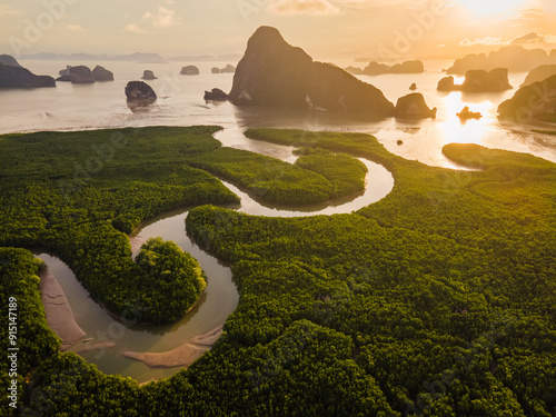 aerial view mangrove forest and mountain peak of Phang nga bay, Thailand