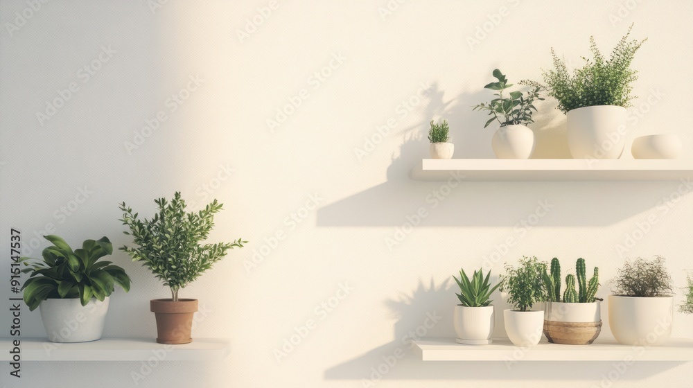White Shelves with Lush Greenery White Shelves with Lush Greenery