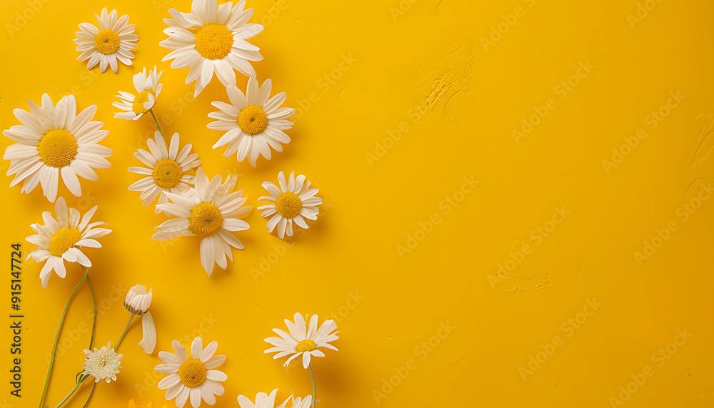 Freshly picked white daisies against a solid yellow background, capturing the innocence and joy of summer days. copy empty space. isolated on a solid yellow background design Freshly picked white daisies against a solid yellow background, capturing the innocence and joy of summer days. copy empty space. isolated on a solid yellow background design