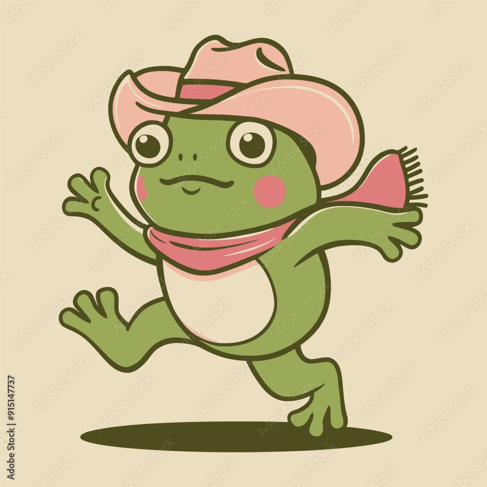 Obraz premium cute frog cartoon wearing cowboy hat and scarf illustration