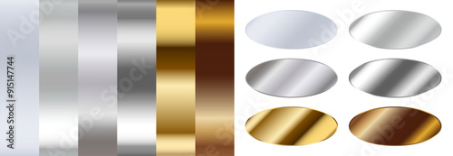 Silver gradient, gold gradient and bronze gradient. Set of vector metallic gradients and oval stickers
